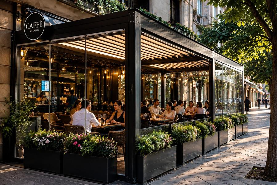 Dehors su misura con vetrate panoramiche per bar e ristoranti a Milano